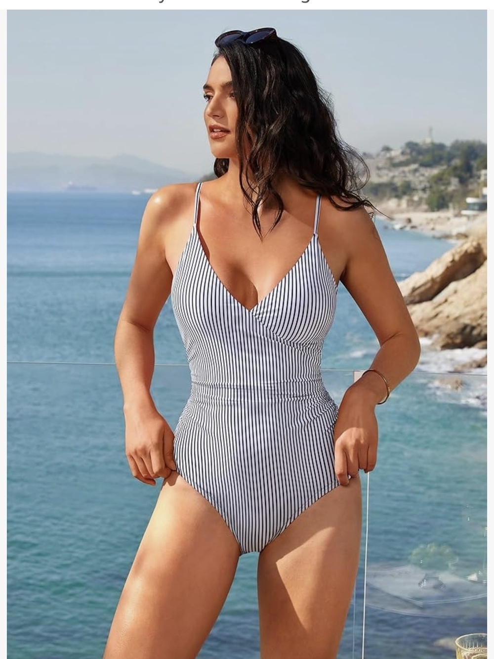 🏖 Striped Wrap Swimsuit - Black & White